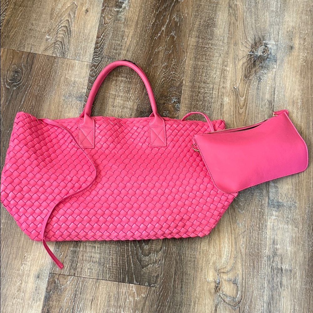 Pink Woven Tote and Pouch Set